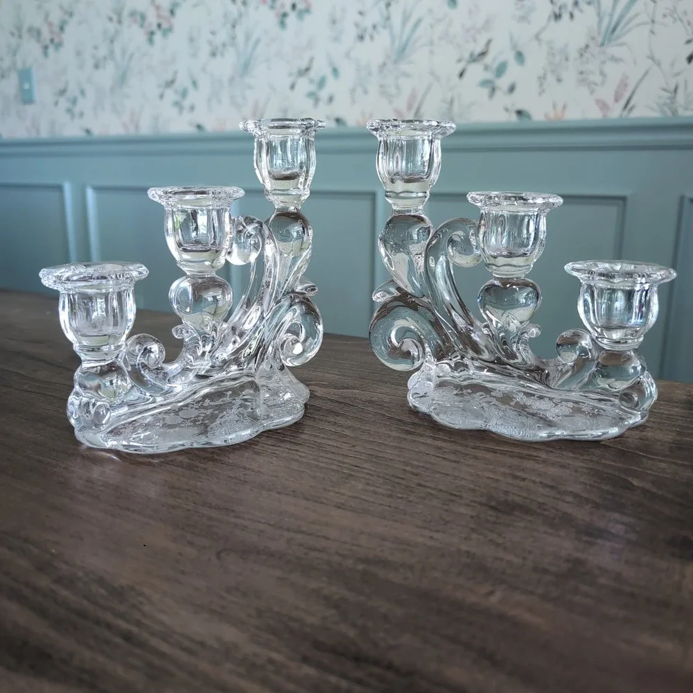 Vintage Cambridge Rose‎ Point Glass Candelabra Pair 3 Tier Etched Candlesticks
